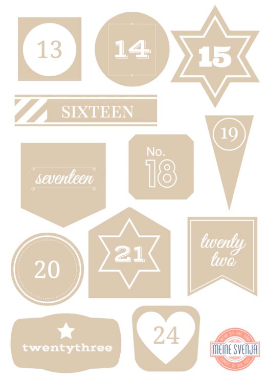 Adventskalender Zahlen zum Ausdrucken weiße Zahlen 13 bis 24 Handlettering in beigen Formen www.meinesvenja.de