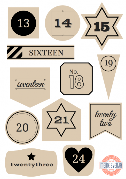 Adventskalender Zahlen zum Ausdrucken schwarze Zahlen 13 bis 24 Handlettering in beigen Formen www.meinesvenja.de