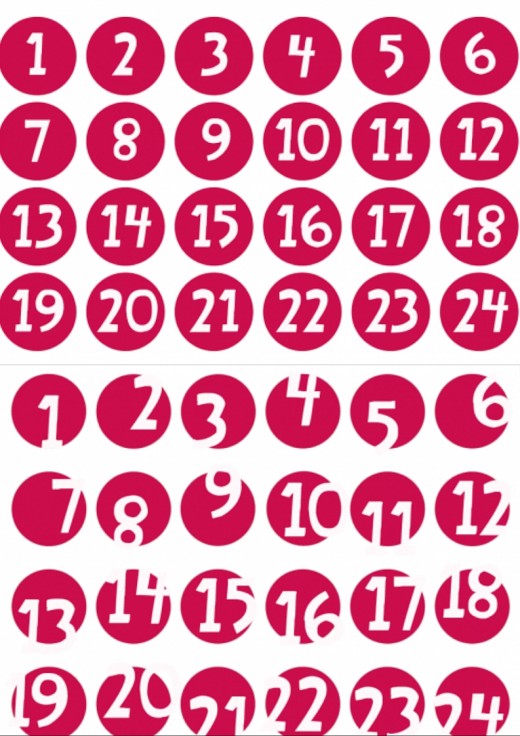 Adventskalender Zahlen zum Ausdrucken 1 bis 24 weiß auf rot www.meinesvenja.de