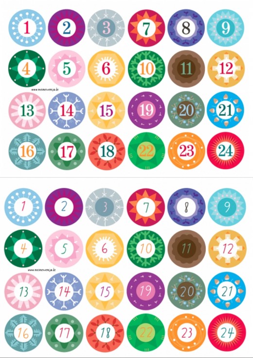 Adventskalender Zahlen zum Ausdrucken 1 bis 24 bunte Zahlen bunte Kreise www.meinesvenja.de